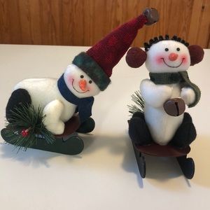 Set of 2 snowmen on sleds ornaments/ decor